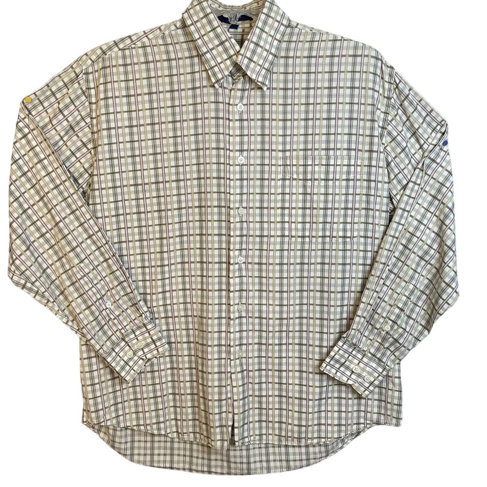 Allan Flusser Mens Button Up Long Sleeve Green Checkered Shirt Chest Pocket Sz L